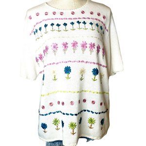 Teddi women’s Vintage Sz L short sleeve sweater Knit floral embroidered spring